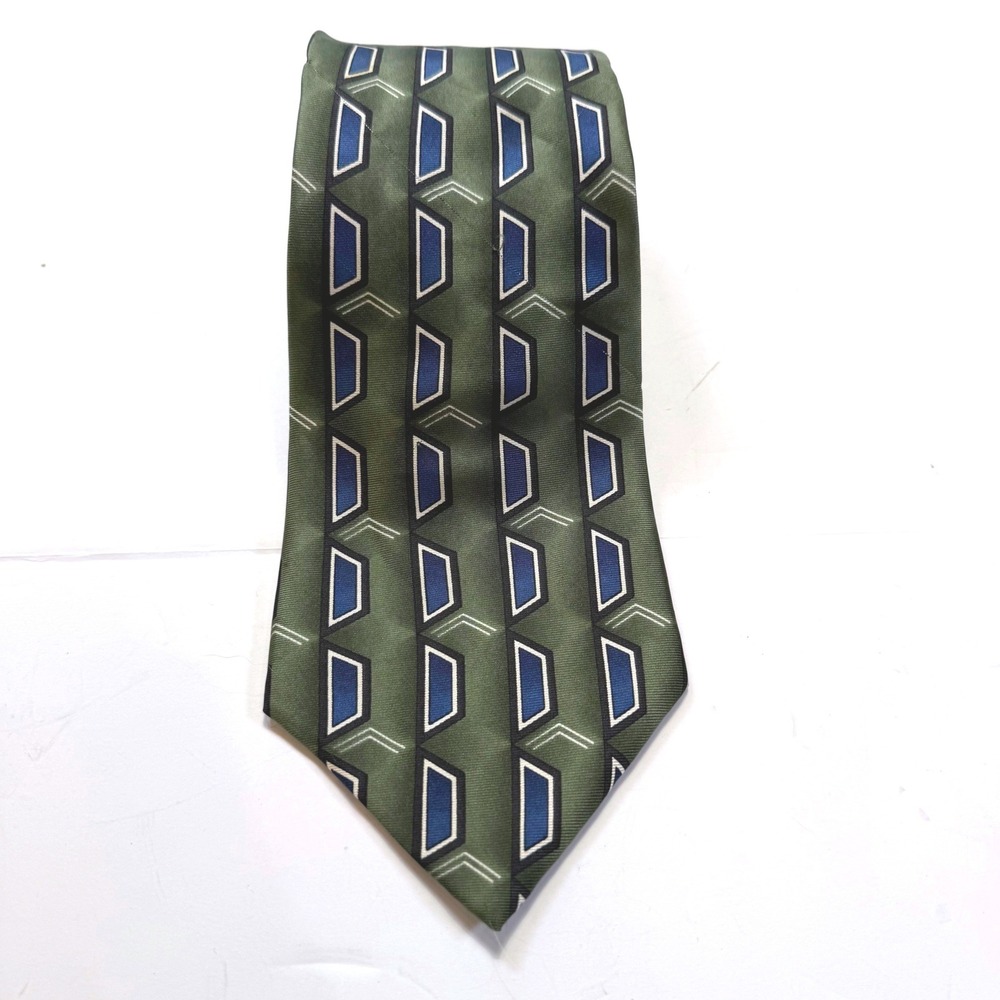 Barrington Mens Silk Tie Olive Green Blue Geometric Trapezoid Made in USA Italy